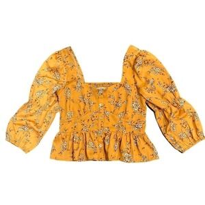 Saltwater Luxe Yellow Floral Square Neck Long Sleeve Crop Top Smocked Small